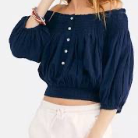 We The Free Tops - WE THE FREE Dancing Till Dawn Blouse, Cropped, Navy, Size Small